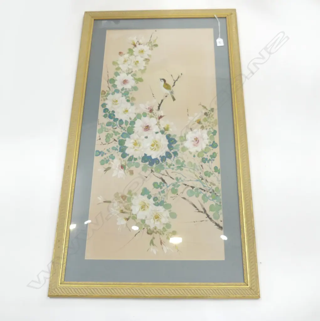 LARGE VINTAGE ACRYLIC ON SILK, BIRD ON ROSE BUSH, 880x410mm Image 1++