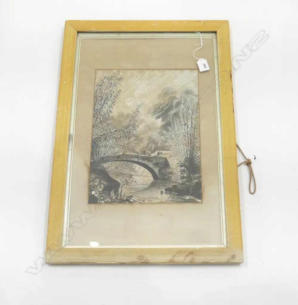 ANTIQUE LANDSCAPE w. BRIDGE, INK ON PAPER, 345x250mm Image 1++