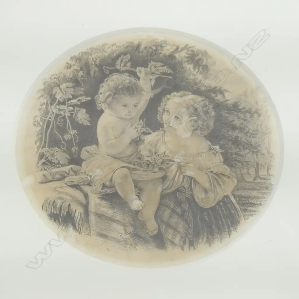 HENRY HOWORTH, 2 CHILDREN, PENCIL DRAWING, SIGNED & DATED 1857 255mm dia Image 1++