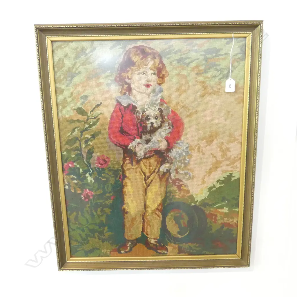 FRAMED NEEDLEWORK; BOY w. DOG 650x520mm Image 1++