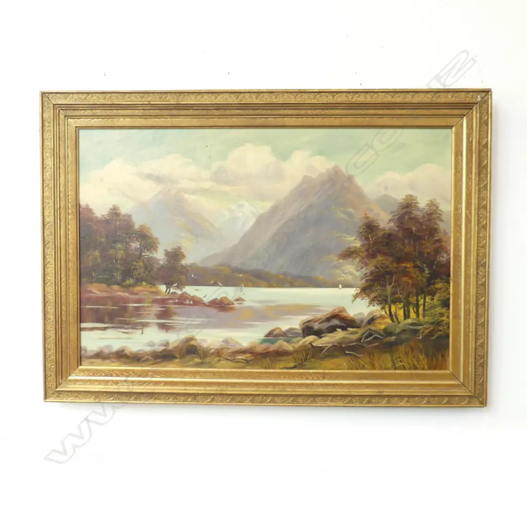 SIGNED COLONIAL LANDSCAPE OIL ON CANVAS, LAKE MANAPOURI, FAULTS 550x855mm Image 1++