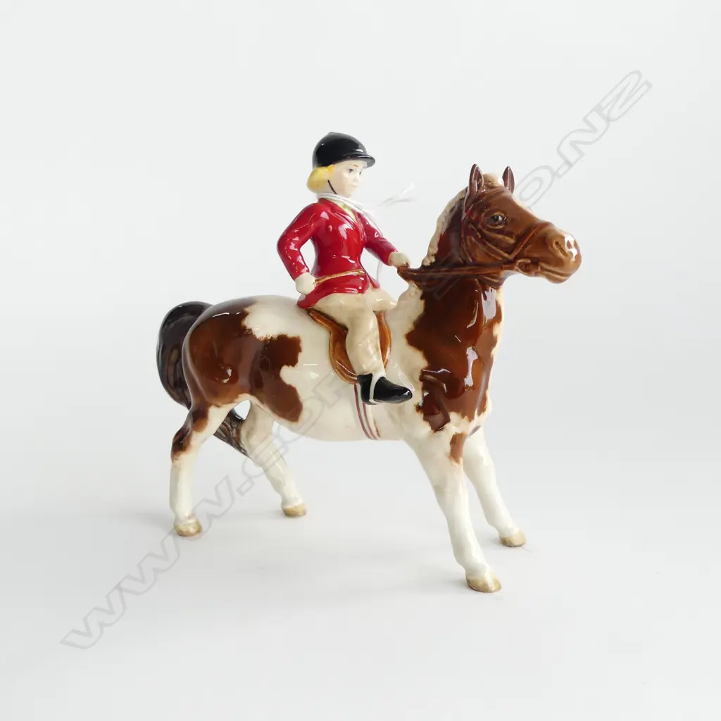 BESWICK HORSE & RIDER FIGURE - GIRL ON SKEWBALD PONY H.137mm Image 1++