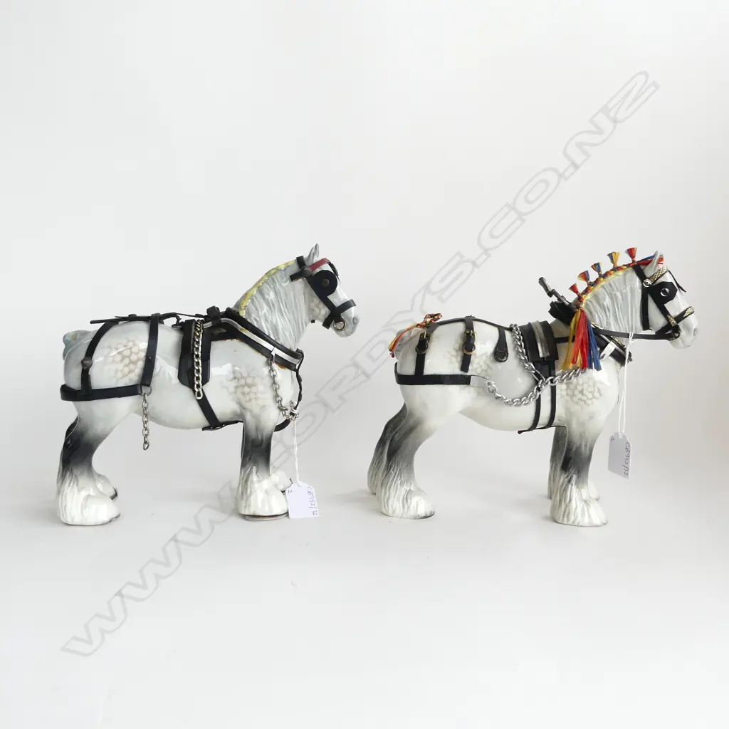 2 BESWICK DAPPLE GREY SHIRE HORSES w. TACK - 1 w. BROKEN LEG & MISSING SHOE H.215mm Image 1++