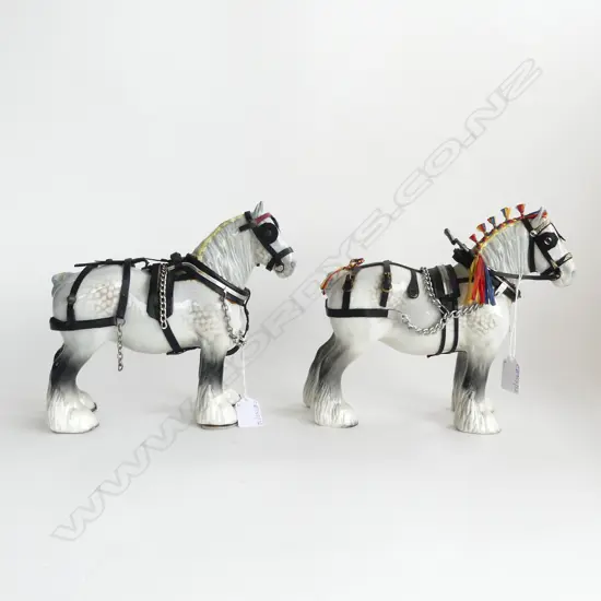 2 BESWICK DAPPLE GREY SHIRE HORSES w. TACK - 1 w. BROKEN LEG & MISSING SHOE H.215mm