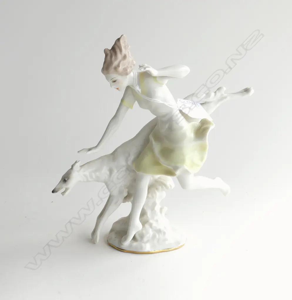 HUTSCHENREUTHER PORCELAIN FIGURINE; WOMAN w. GREYHOUND DOG H.180mm Image 1++