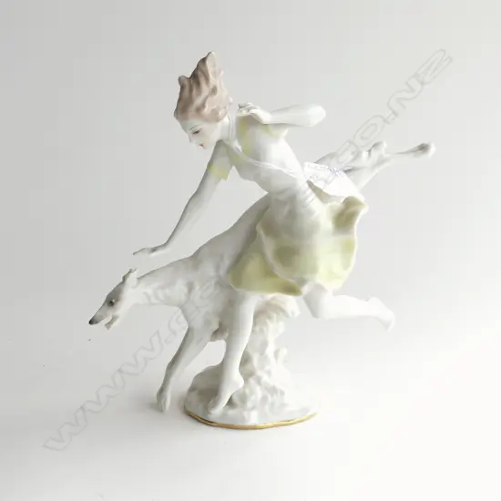 HUTSCHENREUTHER PORCELAIN FIGURINE; WOMAN w. GREYHOUND DOG H.180mm
