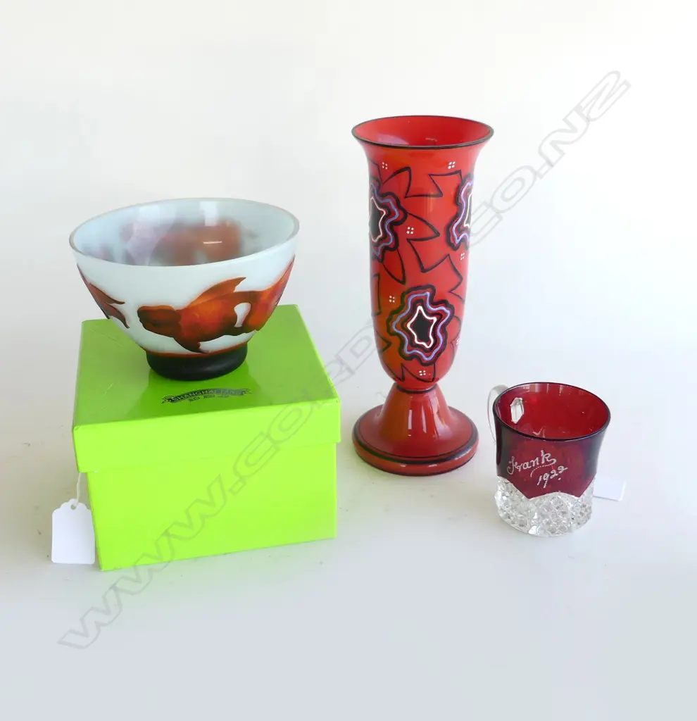 CHINESE GLASS FISH BOWL DIA130mm, CZECHOSLOVAKIA RED GLASS VASE H220mm, EXIBITION GLASS MUG H70mm Image 1++