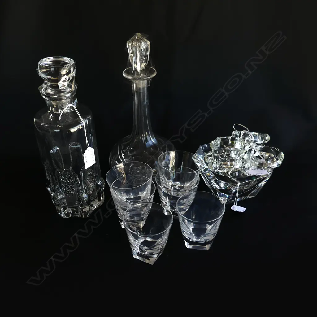 2 DECANTERS 6 ROSENTHAL WHISKEY GLASSES, AN ORREFORS DISH & 6 CRYSTAL NAPKIN RINGS Image 1++