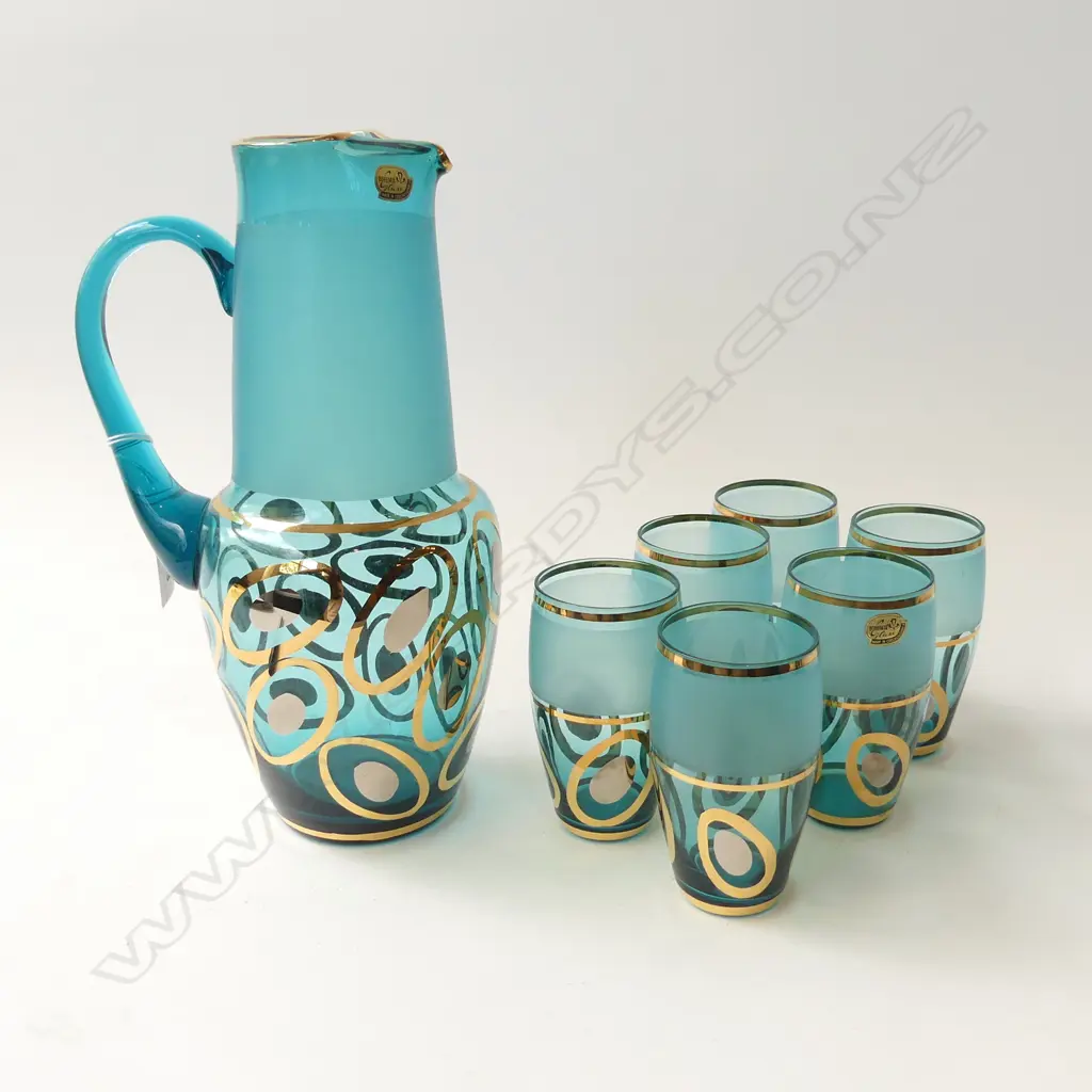 BLUE & GOLD BOHEMIAN CRYSTAL JUG H.280mm & 6 GLASSES Image 1++