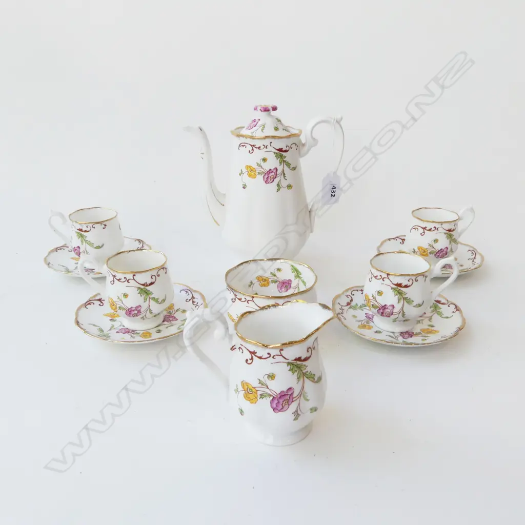 ROYAL ALBERT COFFEE SET; COFFEE POT & 4 DEMITASSE C/S & M/S & 6 EDWARDIAN ETCHED GLASSES Image 1++