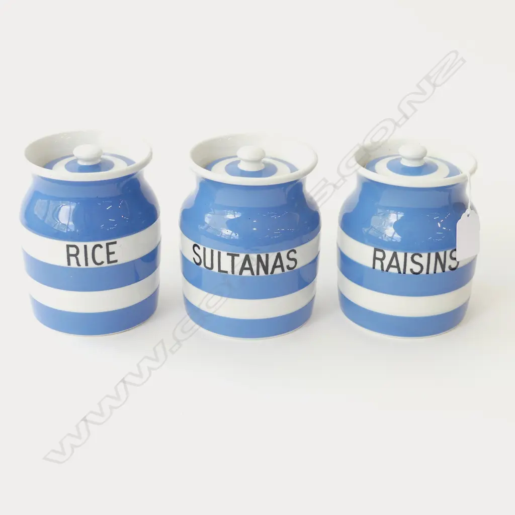 3 EARLY CORNISH WARE T&G GREEN LIDDED JARS ‘RICE’ ‘SULTANAS’ & ‘RAISINS’ BLACK MARK, H.130MM Image 1++