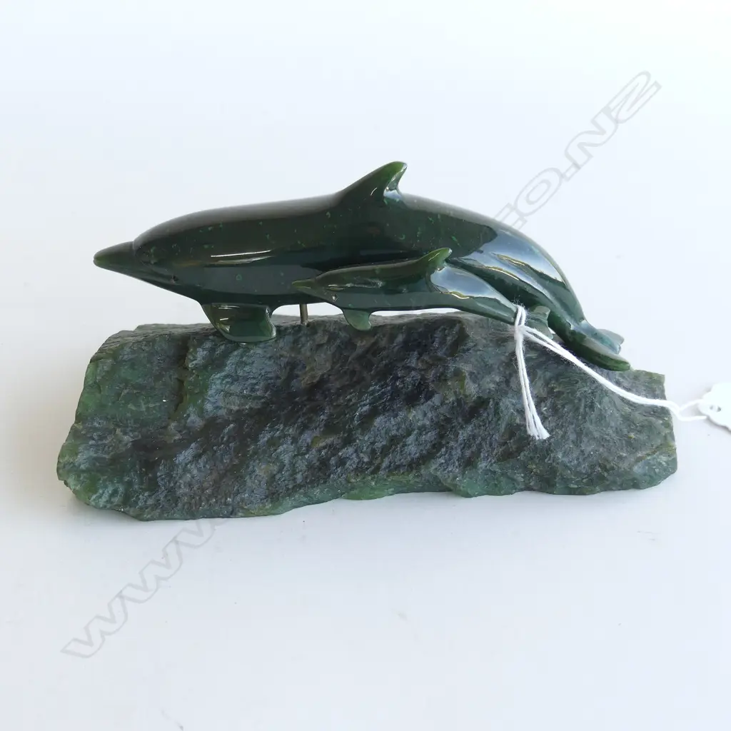 JADE DOLPHIN & BABY ON GREENSTONE BASE L150MM Image 1++