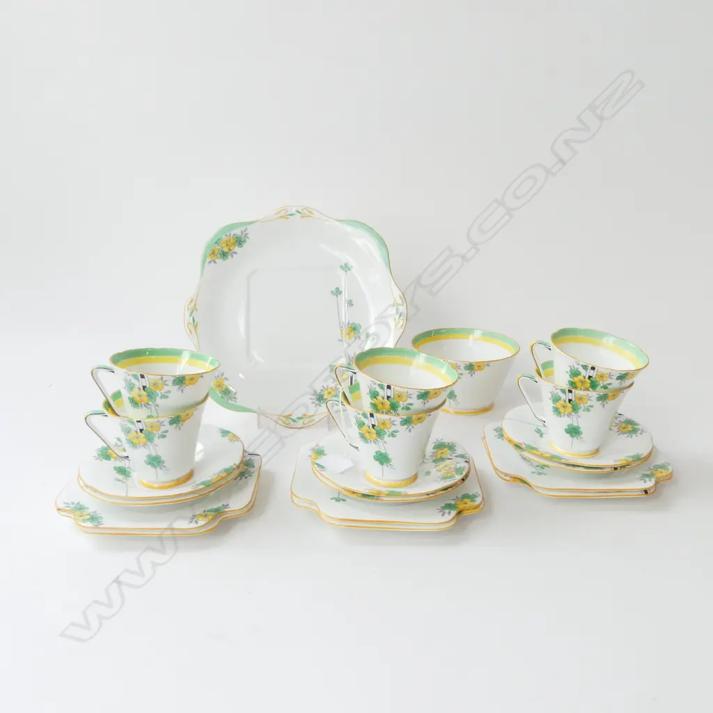 20 PCE ART DECO GRAFTON CHINA 'PRIMULA' TEA SET; 6 TRIOS, SUGAR BOWL, CAKE PLATE Image 1++