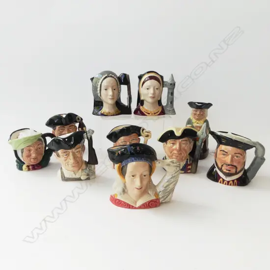 10 ROYAL DOULTON CHARACTER JUGS; 4 COLONIAL WILLIAMSBURG, HENRY VIII & 3 WIVES, SAIREY GAMP & HAPPY JOHN H.130mm
