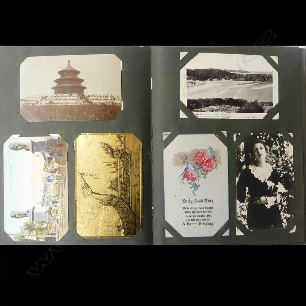 ANTIQUE POST CARD ALBUM, incl TEAL/BOAC AIRLINE, MUSIC HALL, TOURIST CARDS Image 1++