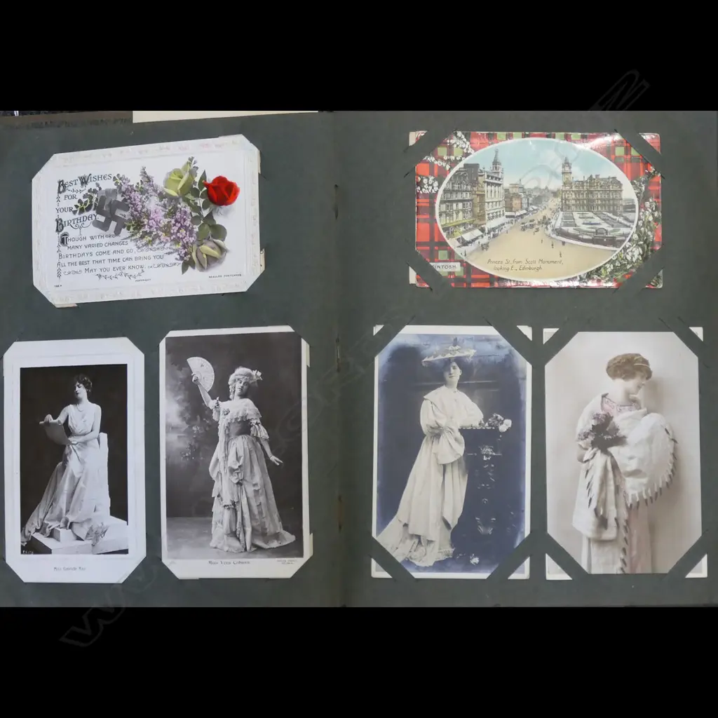 ANTIQUE POST CARD ALBUM, incl TEAL/BOAC AIRLINE, MUSIC HALL, TOURIST CARDS Image 1++