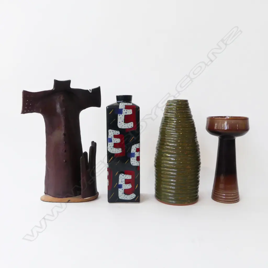 4 PCS NZ STUDIO POTTERY; JOHN PARKER, TEAL CERAMICS, CHRISTLIKE FIG w OUTSTRETCHED HAND & PETER LANGE LAMPBASE Image 1++