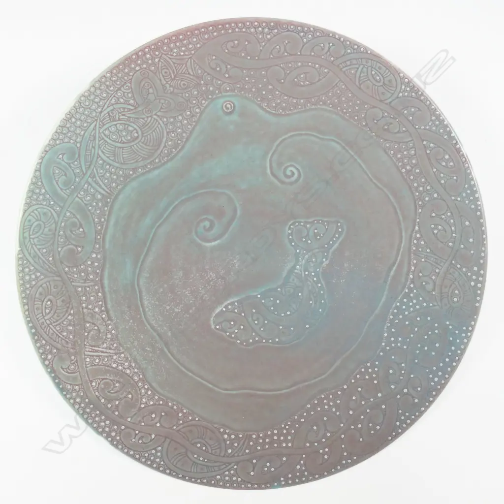 KEUM SUN LEE/SANG SOOL SHIM LG FOOTED DISH, PURPLE & GREEN MATTE GLAZE, SIGNED TO BASE,DIA.380mm Image 1++