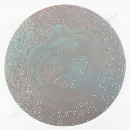 KEUM SUN LEE/SANG SOOL SHIM LG FOOTED DISH, PURPLE & GREEN MATTE GLAZE, SIGNED TO BASE,DIA.380mm