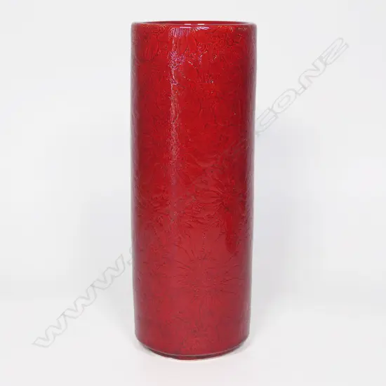 KEUM SUN LEE/SANG SOOL SHIM RED CYLINDER BOTTLE/ VASE, SIGNED, H.315 mm