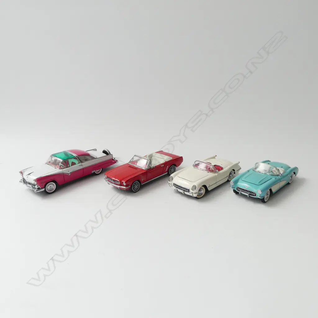 4 FRANKLIN MINT MODEL CARS; 1955 FORD CROWN VICTORIA, 2 CHEVROLET, 1964 FORD MUSTANG L.220mm Image 1++