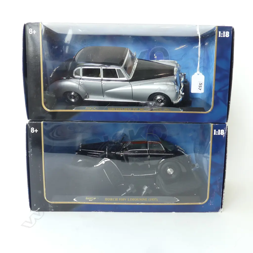 2 RICKO 1:18 MODEL CARS, BOXED, MERCEDES TYP 300c LIMOUSINE 1955 & HORCH 930V 1937 Image 1++