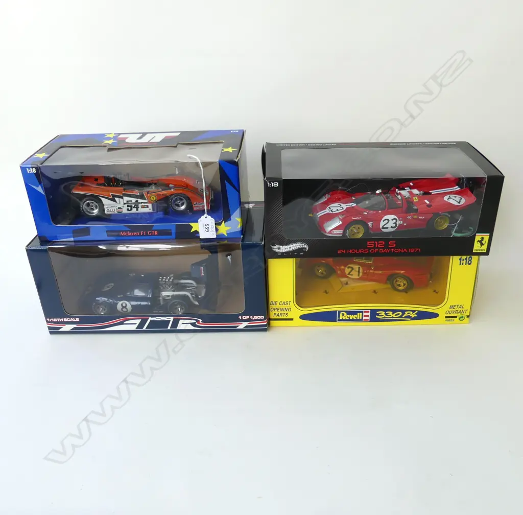 4 BOXED 1:18 MODEL RACING CARS; HOT WHEELS ELITE FERRARI 512 S, 330 P4, MCLAREN F1 GTR, LESLIE AIR LOLA COUPE  Image 1++