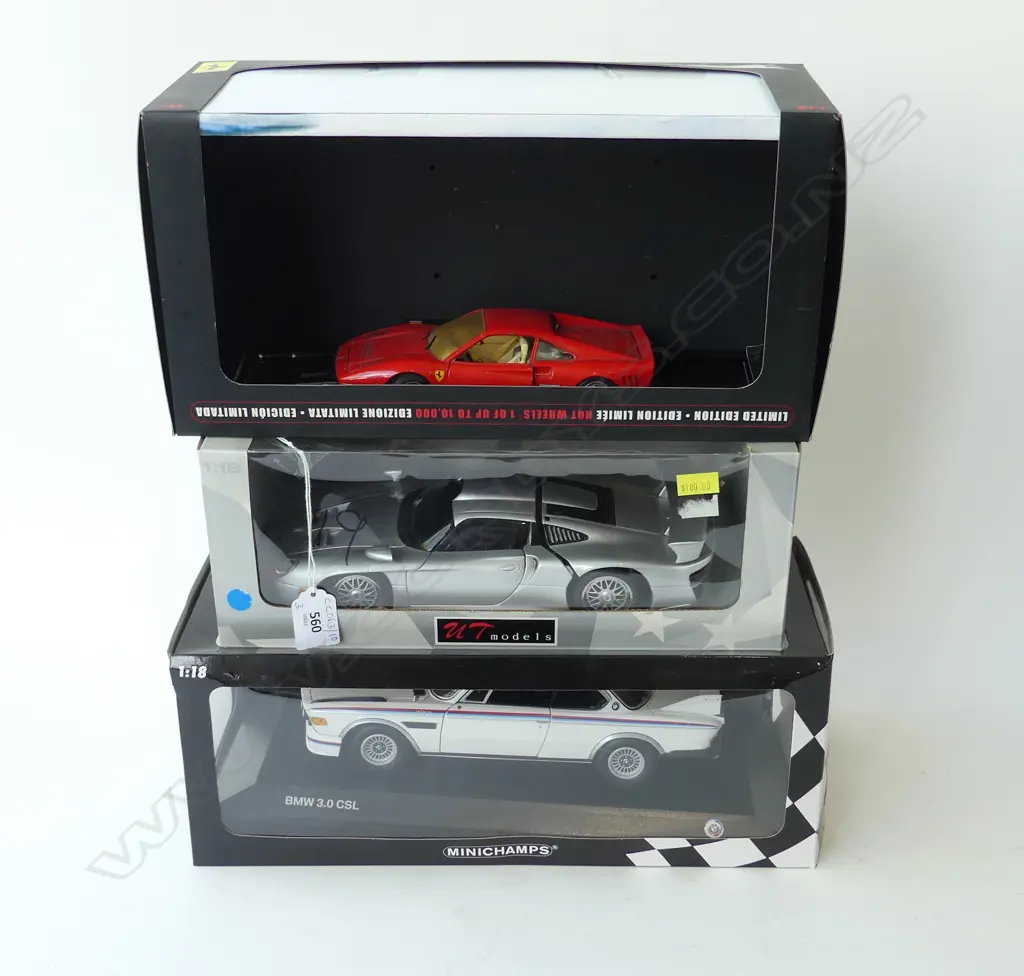 3 BOXED MODEL CARS; FERRARI 250 GTO, PORSCHE, BMW 3.0 CSL Image 1++