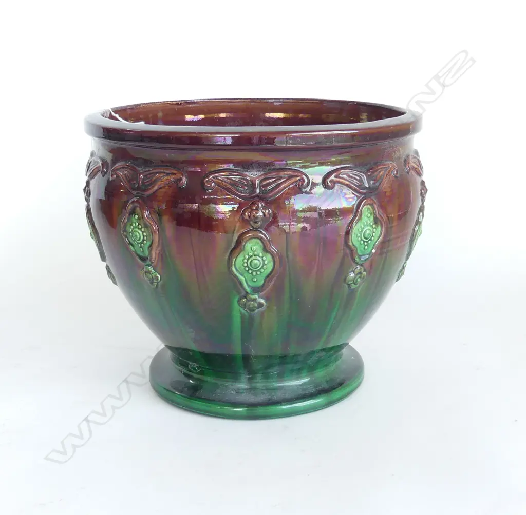 ANTIQUE JARDINERE; BROWN / GREEN GLAZE H.215mm, 255mm dia Image 1++