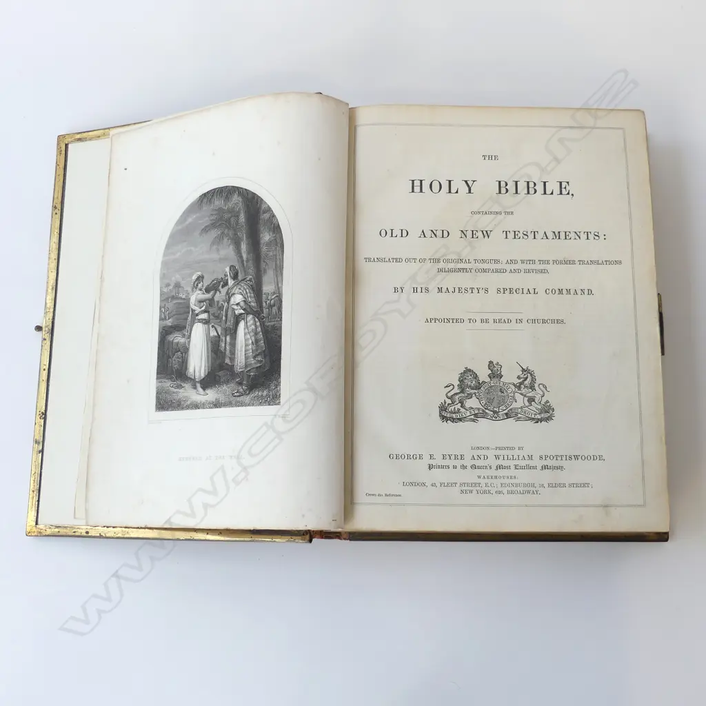 VICTORIAN HOLY BIBLE LEATHER & BRASS BOUND ILLUSTRATED WITH ENGRAVINGS, L.280MM Image 1++