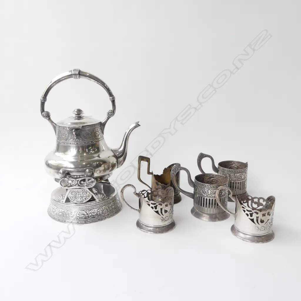 SILVER PLATE SPIRIT KETTLE + 5 RUSSIAN CUP HOLDERS (1 825 SILVER, 129gms) Image 1++