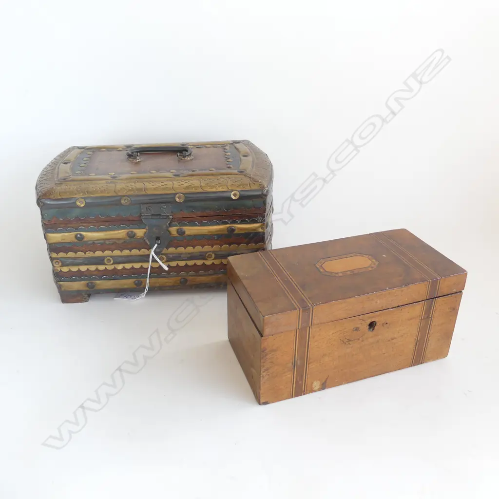 TWO BOXES; BRASS-BOUND MIDDLE EASTERN (L.280mm) & OLD WOODEN INLAID ENGLISH, TRANSFERS INSIDE Image 1++