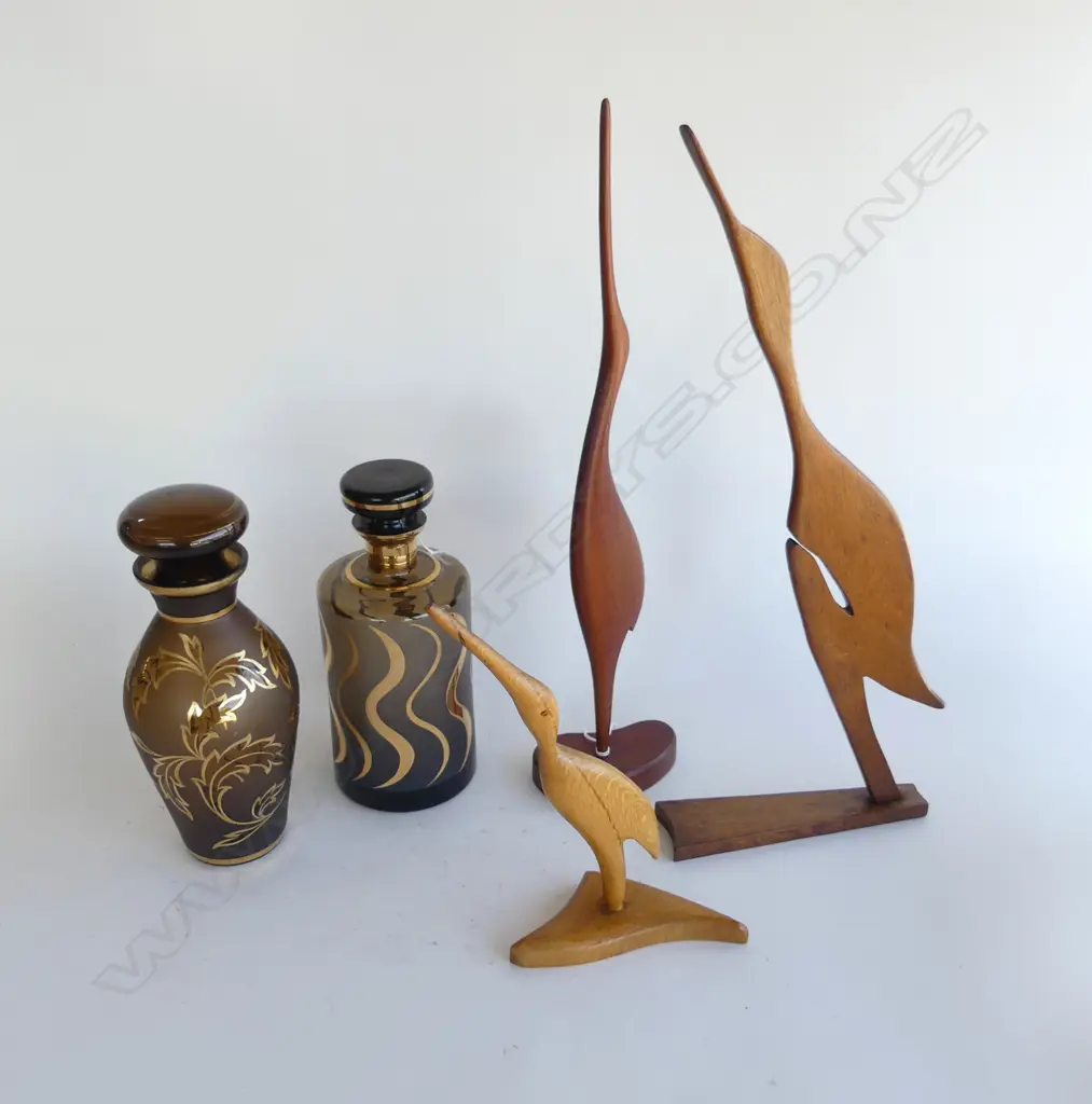3 MID CENTURY WOODEN BIRDS (1 PITCAIRN IS?) H.500 (tallest) & 2 CZECH MID CENTURY GLASS DECANTERS H.240mm Image 1++