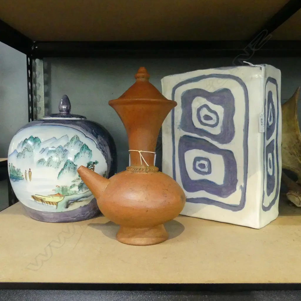 3 CERAMICS; MOROCCAN WATER BOTTLE, LIDDED ORIENTAL VASE, SLAB VASE H.310mm Image 1++
