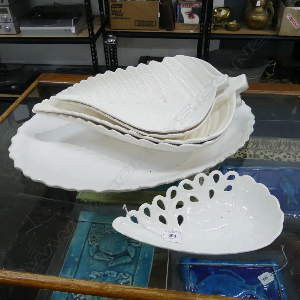 6 LG WHITE CERAMIC PLATTERS; 5 LEAF FORM (4 STUDIO CERAMICS NZ) + SAYWELL ITALY 575x410mm  Image 1++