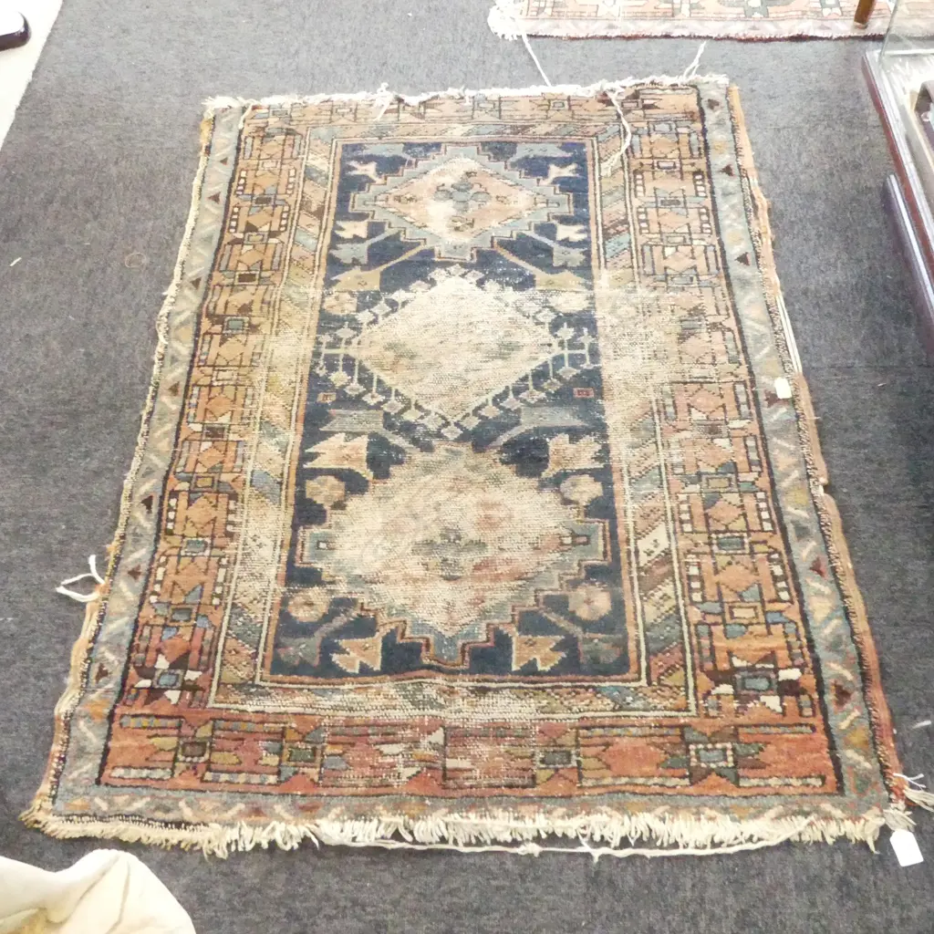 HAND KNOTTED WOOL PILE RUG 1250x900mm WORN Image 1++