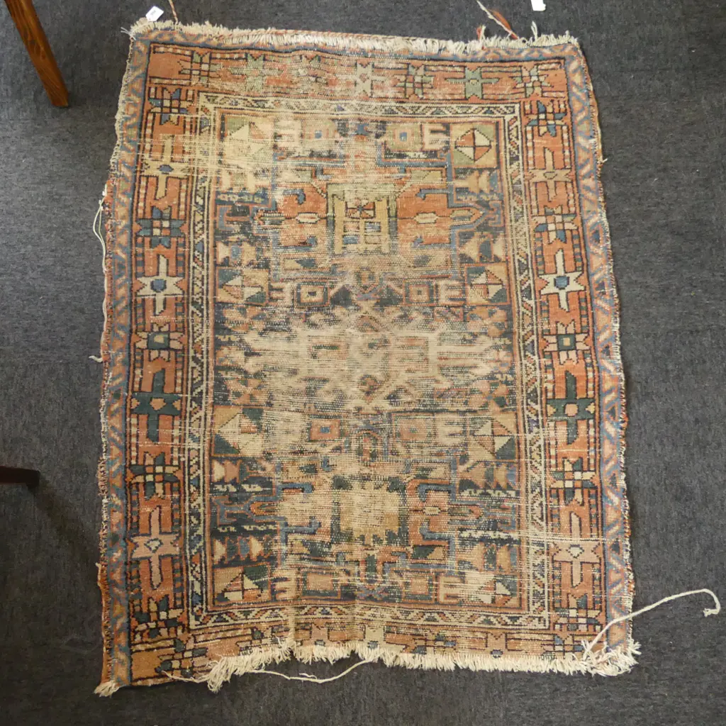 VINTAGE HAND KNOTTED WOOL PILE RUG, WORN 1250x1000mm Image 1++
