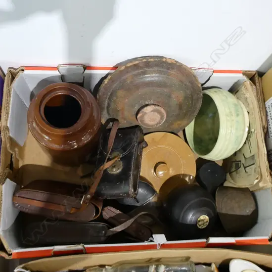 STONEWARE JAR, CROCK LIDS, CROWN LYNN (HAIRLINES), CAMERA CASES, MECANNO BOOKS ETC
