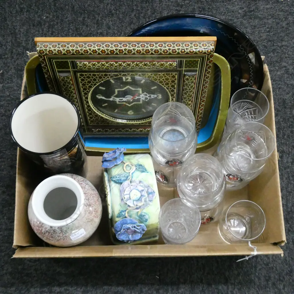 BOX OF POTTERY, GLASSES, TRAY & CLOCK Image 1++