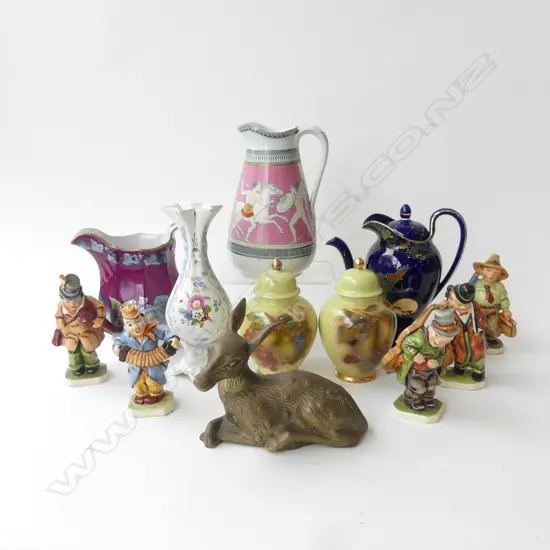 3 PCES LATE 19thC CHINA, PR LIDDED GINGER JARS, BLUE TEAPOT, 5 FIGURINES AF, BRASS DEER FAWN
