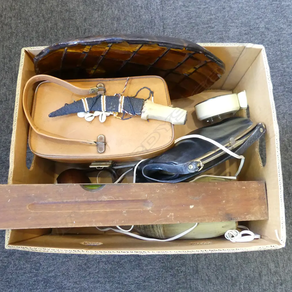 SPIRIT LEVEL, LG GLASS PLATTER, POTTERY LAMP BASE, HAND BAG ETC Image 1++