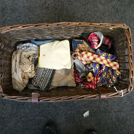 CANE BASKET OF KIMONO TIES  LACE & 2 HANDBAGS