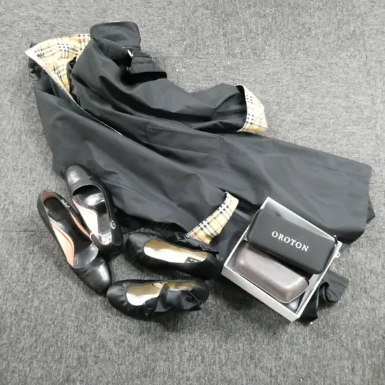 DESIGNER SHOES, BALLY (38) / LANVIN (SAYS SZ 39 LOOK SMALLER?) WOMAN'S COAT (not BURBERRY) SZ 12? & VARIOUS SUNGLASSES