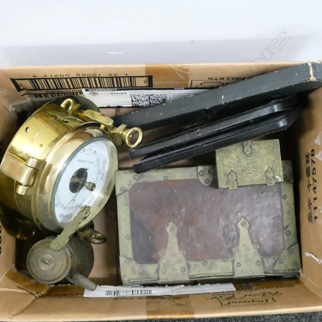 VINTAGE BRASS ITEMS; MARINER BAROMETER DIA 190mm, TRINKET & LGBOX, COFFEE POT & VINTAGE JAPANESE SLIDE RULE, COMPASS SET Image 1++