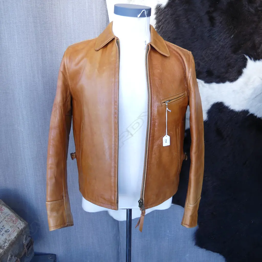 1960s TAN LEATHER FRONT QUARTER HORSEHIDE INDIAN MOTORCYCLE JACKET, MADE IN KOREA, SZ. 40 Image 1++