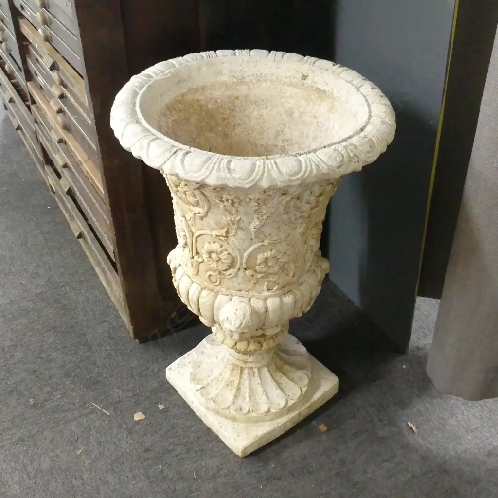 LGE VINTAGE CLASSICAL CONCRETE URN scroll & mask decoration 770 x 500mm in 2 sections Image 1++
