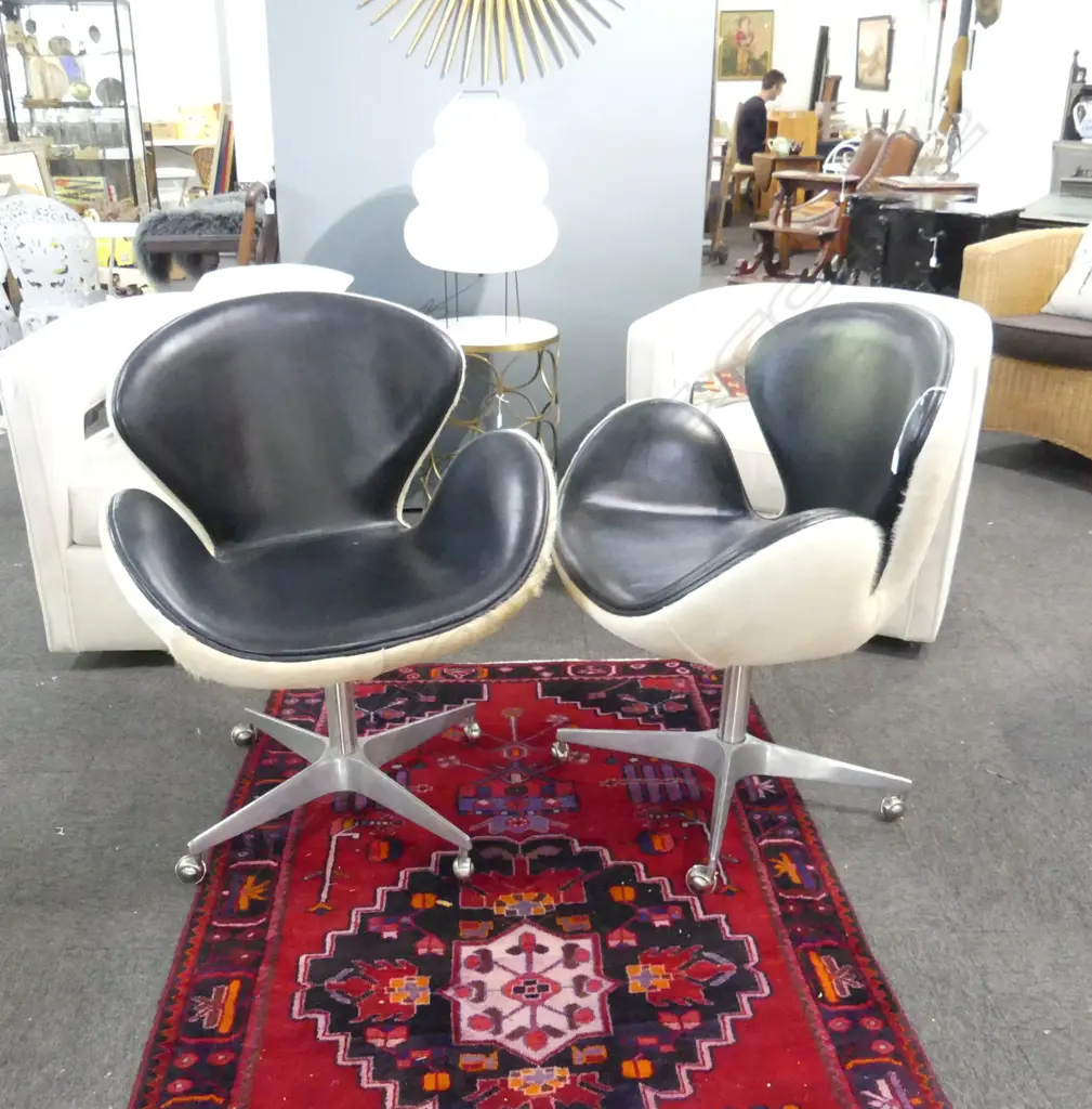 PR SWAN STYLE CHAIRS; COWHIDE & BLACK LEATHER SOME SCRATCHING TO ARMS Image 1++
