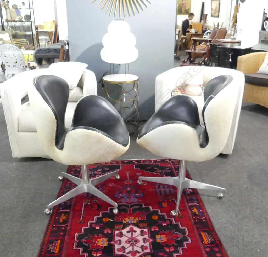PR SWAN STYLE CHAIRS; COWHIDE & BLACK LEATHER SOME SCRATCHING TO ARMS Image 1++
