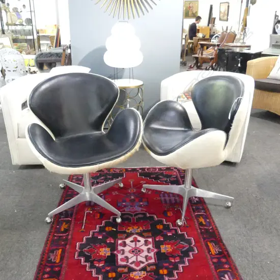 PR SWAN STYLE CHAIRS; COWHIDE & BLACK LEATHER SOME SCRATCHING TO ARMS