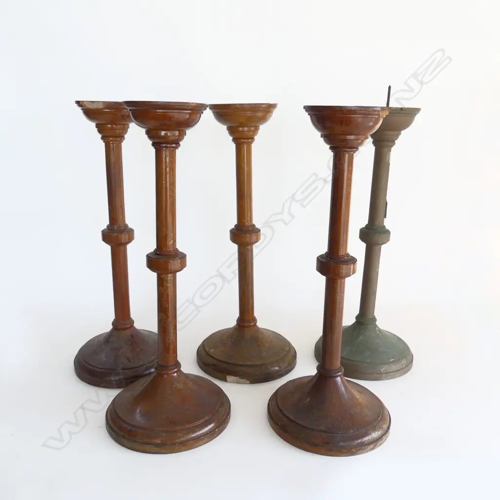 5 WOODEN ECCLESIASTICAL CHURCH CANDLES (4+1) H.460mm 3 w. chips to top rim Image 1++